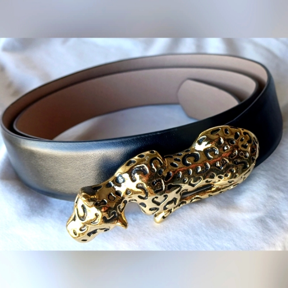 Chicos Womans Black Leather Belt 4 Feet Gold Tone Leopard Punch Clasp